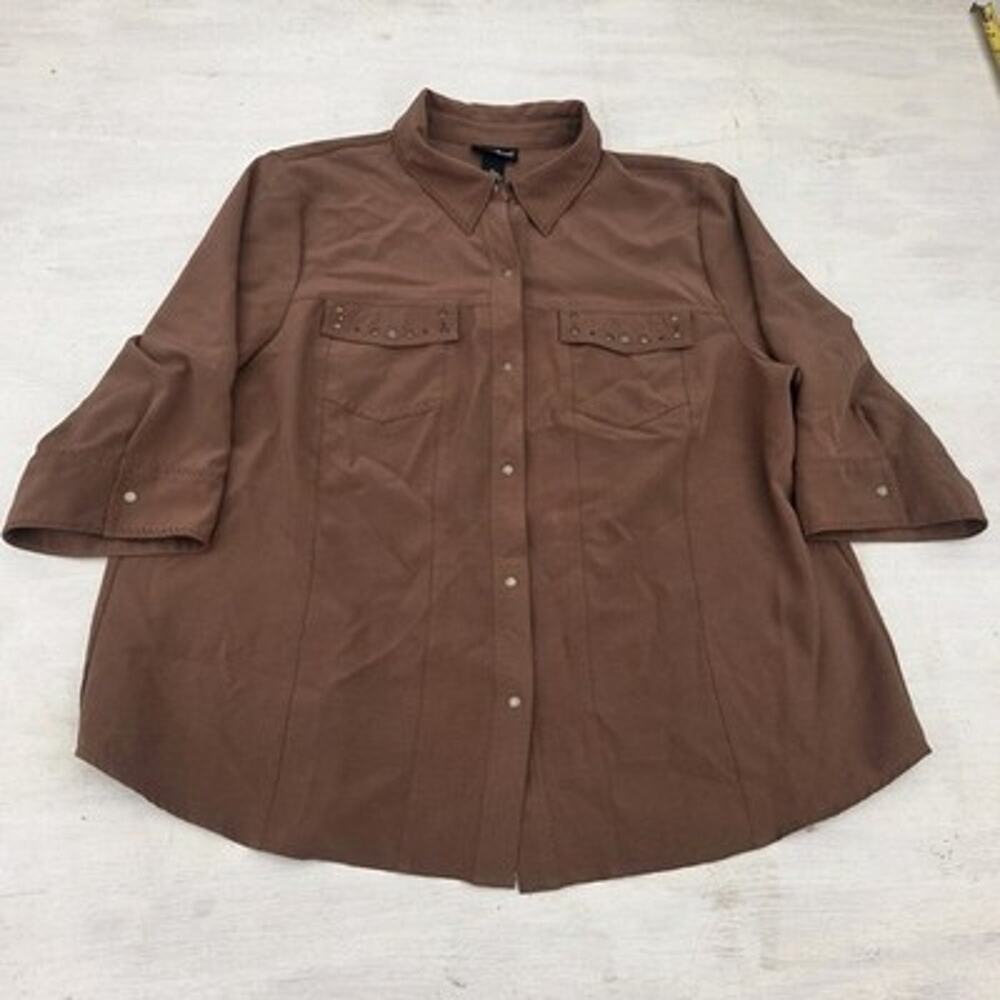 Maggie Barnes 1X Shirt Top Brown Stretch Snap Front 3/4 Sleeve Y2K